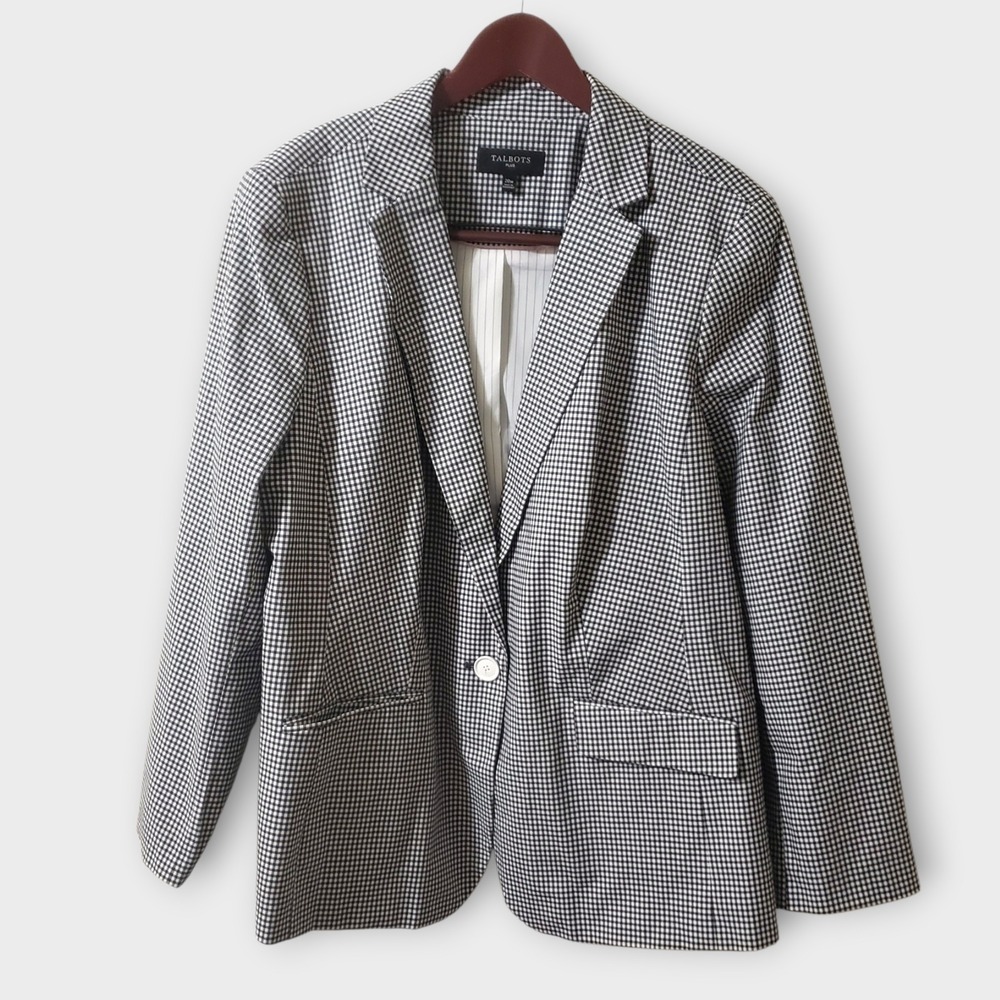 Talbots Plus Black White Gingham Check Cotton Blend Blazer Jacket‎ Size 20W